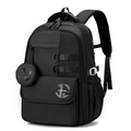 Minimalist black laptop backpack in durable nylon with a round accessory pouch - 49*35*23cm / Black