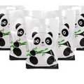 White plastic gift bag featuring cartoon panda with bamboo and oval cutout handle - Panda