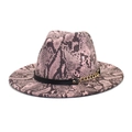 Detail view of pink snake print felt hat with black leather band and gold chain link - M (56-58cm) / Pink
