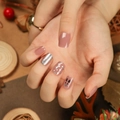 Short Christmas press-on nails with pink-brown finish, silver glitter and reindeer motifs - Pink Brown Silver Glitter Reindeer (JP2693)