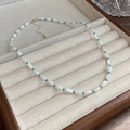 Elegant pearl necklace with blue turquoise beads and silver adjustable lobster clasp - 41# White Oval Style