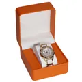 Luxe gouden dameshorloge met kristallen en witte band in een oranje lederen geschenkdoos - Oranje-Leren Horlogedoos / 10*11*7.5