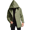 Detail view of military green men's hooded trench coat with double-breasted buttons - Light Green