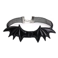 Detailed view of gothic lace choker with glossy black bat wings and metallic silver clasp - 1# Black Bat Wings Mesh Choker