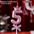 Metallic pink number 5 birthday candle with a crown and pink bow, size 3.2cmx5.4cm - Number Candle Pink With Crown And Bow (5)