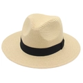 Classic Panama straw hat with black ribbon, summer sun hat for men and women - One Size / Beige