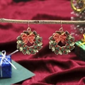 Christmas wreath earrings with red glitter bow and green crystals on wooden branch - Wreath Bowknot Red Green Earrings