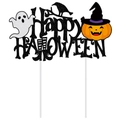 Glittery Happy Halloween cake topper with orange pumpkin, white ghost and black crow - Large Cake Topper Style 2