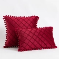 Red velvet diamond quilted pillows with pom-pom trim in square and rectangular shapes - Retro Copper