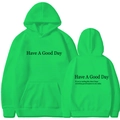 Neon green Have A Good Day hoodie with positive text print and front kangaroo pocket - S / Tops / Fruit Green 3