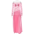 Abito lungo rosa con spalle scoperte, inserti in pizzo e gonna lunga con spacco - S / Standard / Rosa