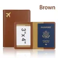 Brown PU leather passport cover with gold airplane emboss and clear 3x4 ID slot - Brown