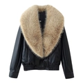 Women's black PU leather jacket with oversized light brown faux fur collar and elastic waist - S / Black