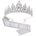 Silberne Geburtstagskönigin Kristall Krone Tiara mit Hologramm Schärpe Set - Holografisches Silber (Queen)