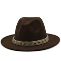 Dark brown wide brim wool fedora with rainbow woven rope band on white background - Coffee
