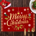 Close-up of red Christmas placemat with golden Merry Christmas text and holiday motifs - CD30-17