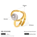 Detaillierte Ansicht des wellenförmigen 18K Goldrings mit 8mm Perle und Abmessungen - Einstellbar Offen / Stromlinienförmiger Wellen Silberperlen Stil (NB-R24346)