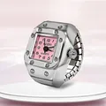 Creative silver alloy finger ring watch with a square pink dial and elastic metal band - Small Square Pink Dial