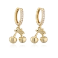 Close-up of golden cherry hoop earrings with sparkling cubic zirconia pavé stones - Gold Smooth Surface Cherry Earrings