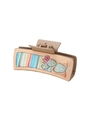 Beige square hair claw clip with colorful stripes and cactus pattern on white background - Beige Colorful Stripe Cactus (90174)