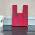 Knit tote bag with red and blue cartoon jacquard and dual handles for daily use - Red Hat Puppy