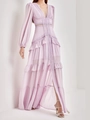 Elegantes lavendelfarbenes V-Ausschnitt Kleid mit Spitzenpatchwork und Laternenärmeln - Hellviolett