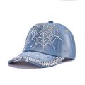 Light blue denim baseball cap with rhinestone spider web pattern and metal studs - Spider Web Rhinestone Decoration (Light Blue)