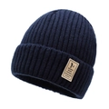 Men's thick navy blue knitted beanie with thermal fleece lining and branded patch - Blue