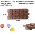 Silikonform für 15 Rosen-Pralinen mit Maßangaben und bunten Schokoladenbeispielen - 15-Loch Rose Schokolade