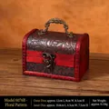Vintage red wooden jewelry box with floral carvings and metal latch, 12x8x8.5cm size - Floral Handle - Lockless