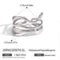 Macro shot showing layered wave pattern and dimensions of stainless steel ring - Silver (JDRW2305076-SL)