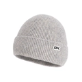Winter light grey knitted beanie with fleece lining and OK patch detail for men - Single Hat / Beige