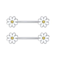 Silver stainless steel nipple rings with white and yellow daisy flower ornaments - White Daisy Pair