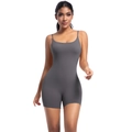 Front view of dark grey sleeveless yoga bodysuit with spaghetti straps and slim fit cut - S / Top And Bottom / Dark Gray