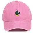 Close-up of a pink washed cotton cap featuring green cactus embroidery and top eyelets - Pink