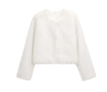 Detailed view of white faux fur jacket featuring plush texture and round neckline - White