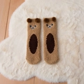 Brown coral fleece socks with 3D bear ears for winter, thick and soft fluffy texture - One Size / Khaki (Bear)