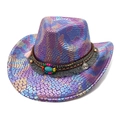 Cappello da cowboy viola metallizzato con motivo serpente, turchese, perline e frange - M (56-58cm) / Viola