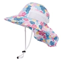 Detail of kids sun hat with neck flap, tropical floral print and breathable mesh panels - Size S (46-50CM) / White Tropical Leaf Flower
