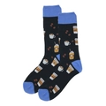 Black cotton socks featuring blue accents and a detailed coffee bean and cup pattern - 38-46 / Coffee Cup & Bean Pattern (1307C)