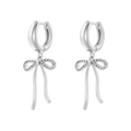 Macro detail of silver bow earrings with flowing tassel and sparkling zircon stones - Tassel Bow Style (White Gold Color)