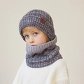 Kids winter knit hat and neck warmer scarf set in grey marl thick warm fleece lining - 2-Piece Set (Hat + Scarf) / Gray