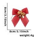 Red Christmas bow decoration with golden bell and leaves, 8cm burlap fabric ornament - Red + Velvet Gold Leaf