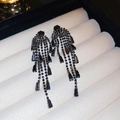 Macro shot of long black tassel earrings with zircon crystals on white velvet display - 71# Silver Earring Post-Gun Black-Black Tassel