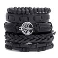 Set of 5 black handmade leather braided bracelets with silver Tree of Life charm - Black 5-Piece Set