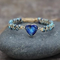 Handmade bohemian beaded bracelet with heart turquoise stone and adjustable woven cord - Flower Blue Beads