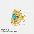 Bohemian gold plated stainless steel ring with turquoise stone and fan design details - 14K Gold