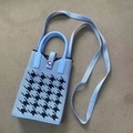 Blue houndstooth knit tote bag with sunflower motif and matching shoulder strap - Two-Tone Houndstooth Light Blue