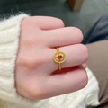 Vintage gold s925 silver bamboo ring with oval red gemstone and intricate textures - J5517-Vintage Gold Round Ruby