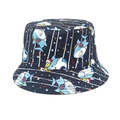 Detail of shark printed bucket hat featuring white stripes on deep blue cotton fabric - Black